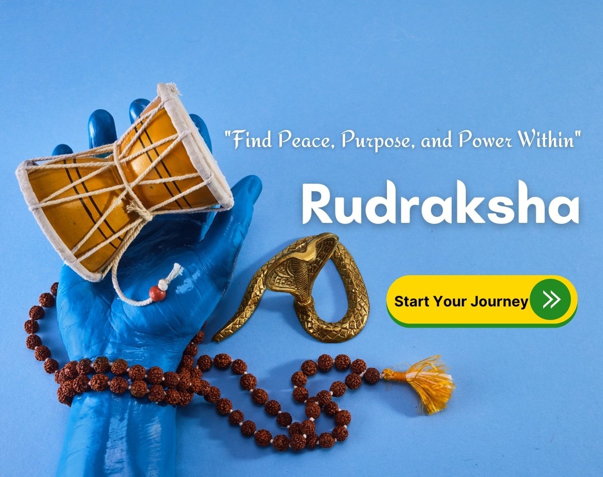Authentic Rudraksha beads from Rudraksham.in A tranquil image featuring Rudraksha beads resting on a woven mat, surrounded by fresh leaves and flowers, symbolizing peace, spirituality, and connection to nature. Soft golden light illuminates the scene, evoking calmness and divine energy. The text overlay reads: 'Find Peace, Purpose, and Power Within' with a call-to-action button 'Start Your Journey.
